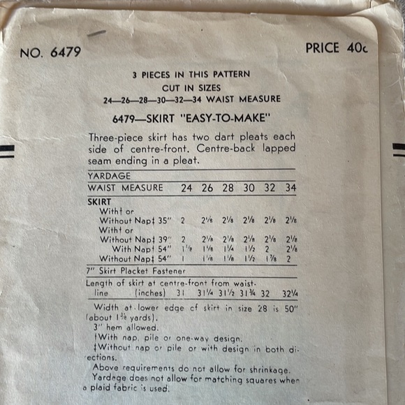 Vogue Pattern for slender fitting, long skirt, #6479 ca 1940's Waist 30", Hip 39 - Picture 4 of 7